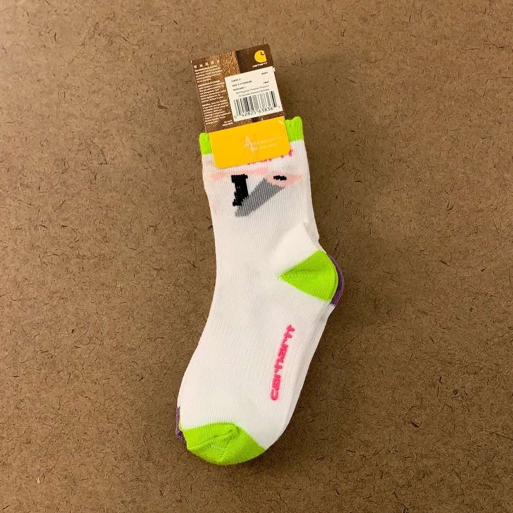 Carhartt Toddler Girls Size Large 2-4 White Graphic 2 Pair Crew Socks NWT